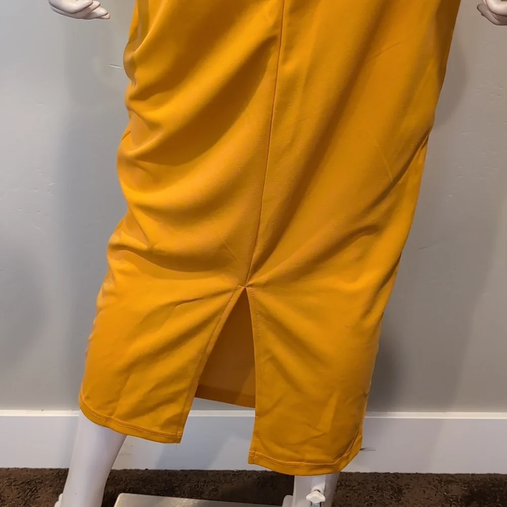 SHEIN Golden Yellow Volume Sleeve V Neck Cut Out Front Slit Back Midi Dress S